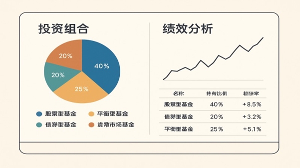 基金投資平台中投資組合追蹤與績效分析介面示意圖