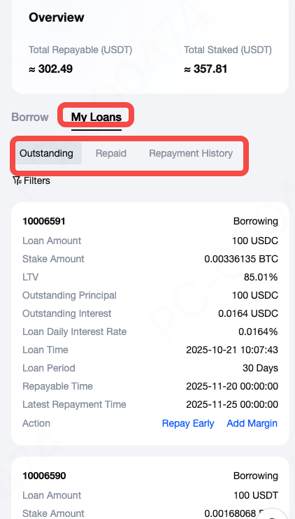 MEXC質押借幣全攻略|利率、風險、操作教學,輕鬆活化你的加密資產 7 借款成功後,訂單會出現在【我的借款】中,方便你隨時追蹤與管理。