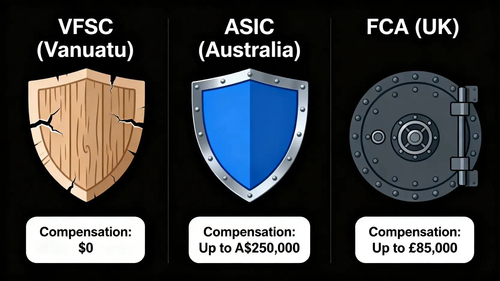 Vantage平台2026年評測:監管漏洞與真實交易成本分析 3 VFSC、ASIC、FCA三種金融監管機構的客戶資金保障對比圖。