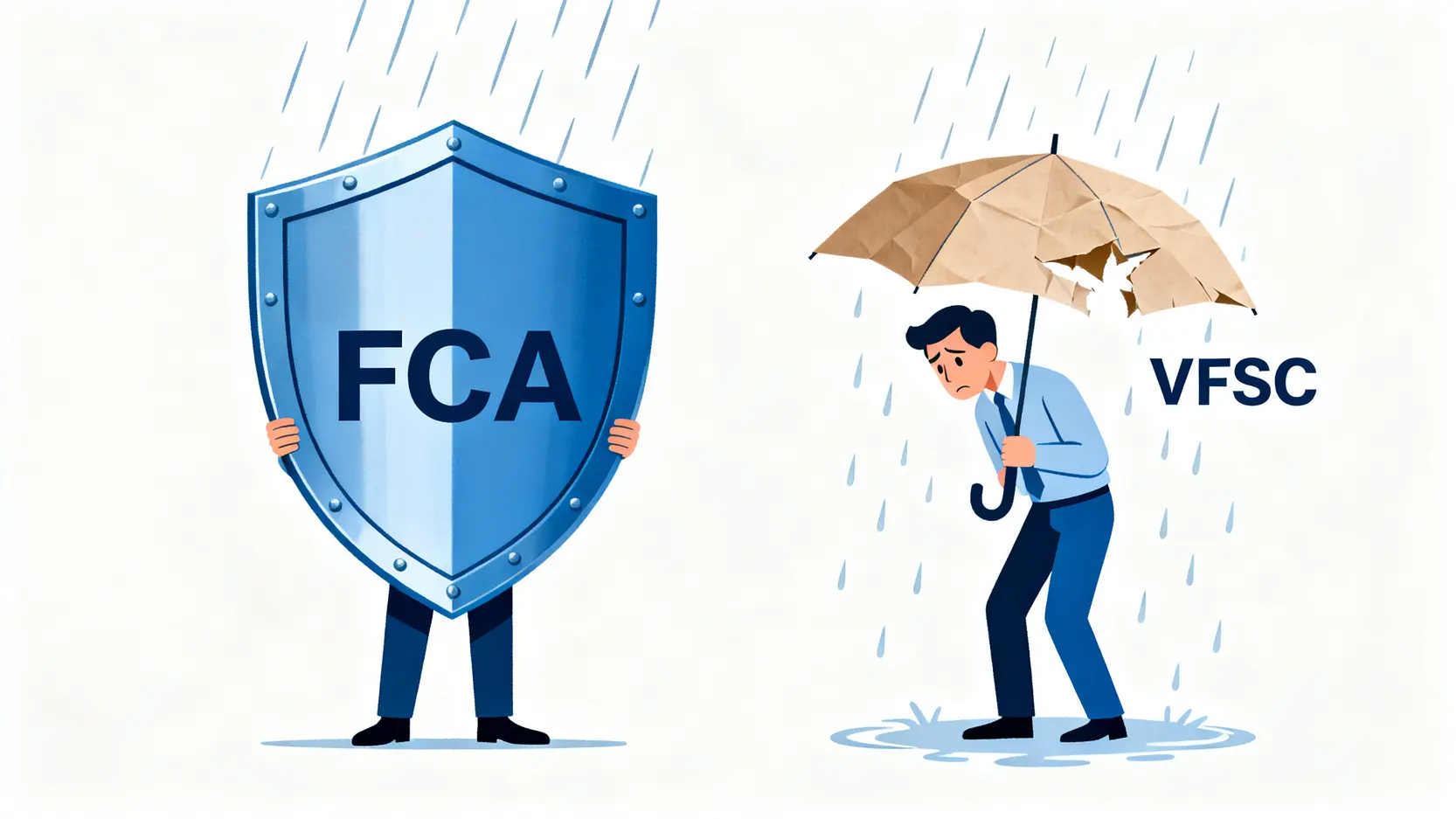 2026 Vantage 評測|交易成本、監管風險與資金安全全解析 2 FCA與VFSC監管強度對比圖,顯示FCA提供如堅固盾牌般的保護,而VFSC僅提供如破損紙傘般的保護。