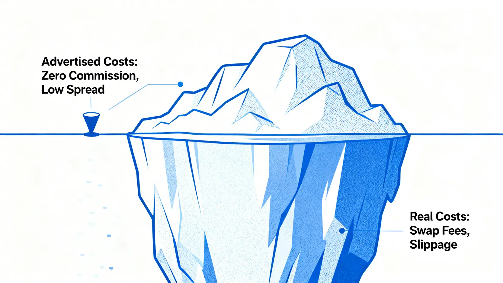 【2026 Vantage 評測】不談開戶,只談成本:Vantage 真實滑點與隔夜利息,對決 OANDA、IG 2 交易成本冰山模型圖,顯示零佣金和低點差只是可見的小部分,而隔夜利息和滑點是隱藏在水下的巨大成本。