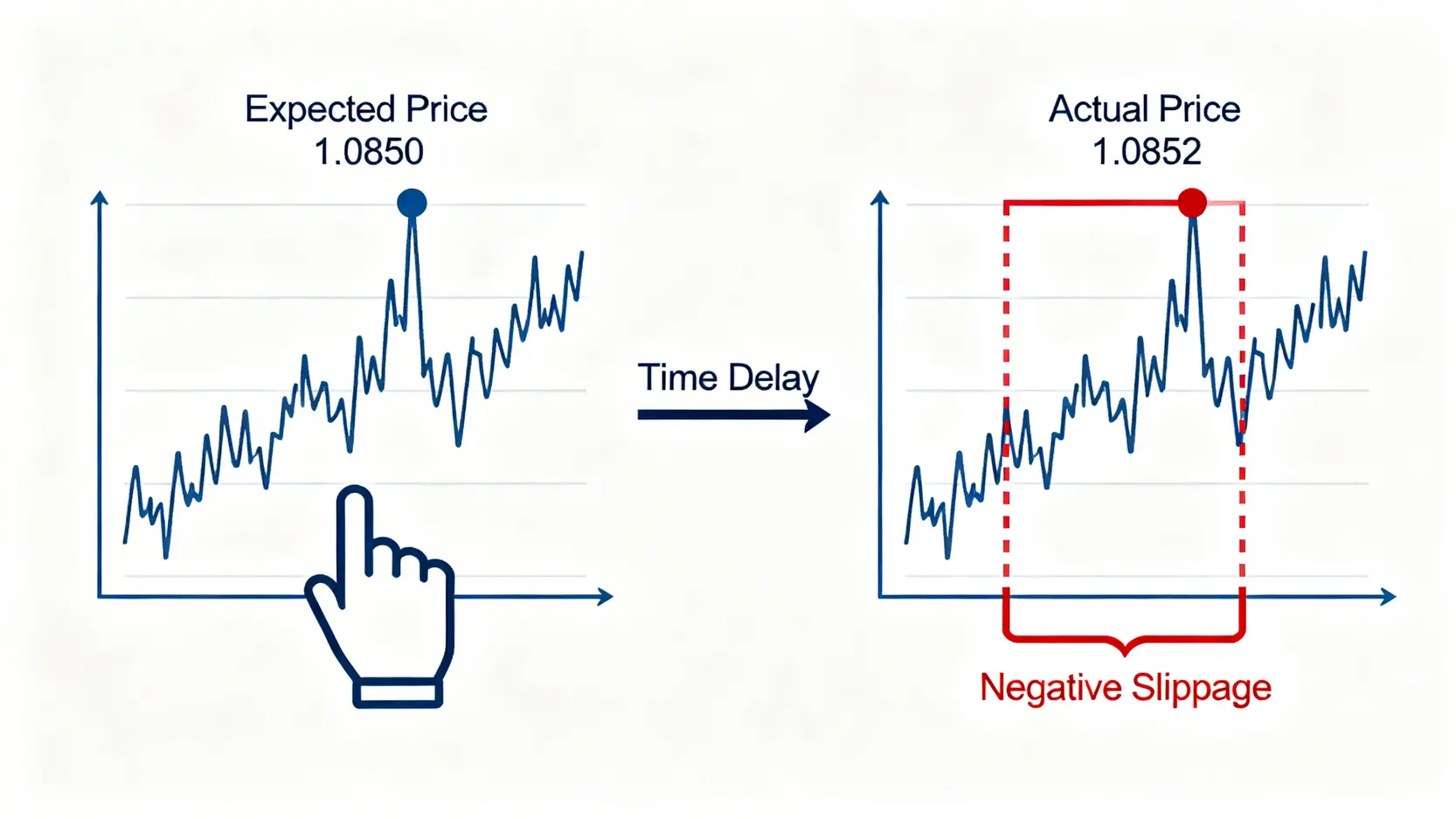 2025 金融投資平台風險揭秘:倫敦交易員警告—90%虧損源於你忽視的「隱藏成本」 2 解釋交易滑點概念的示意圖,顯示預期成交價與實際成交價之間的差距。