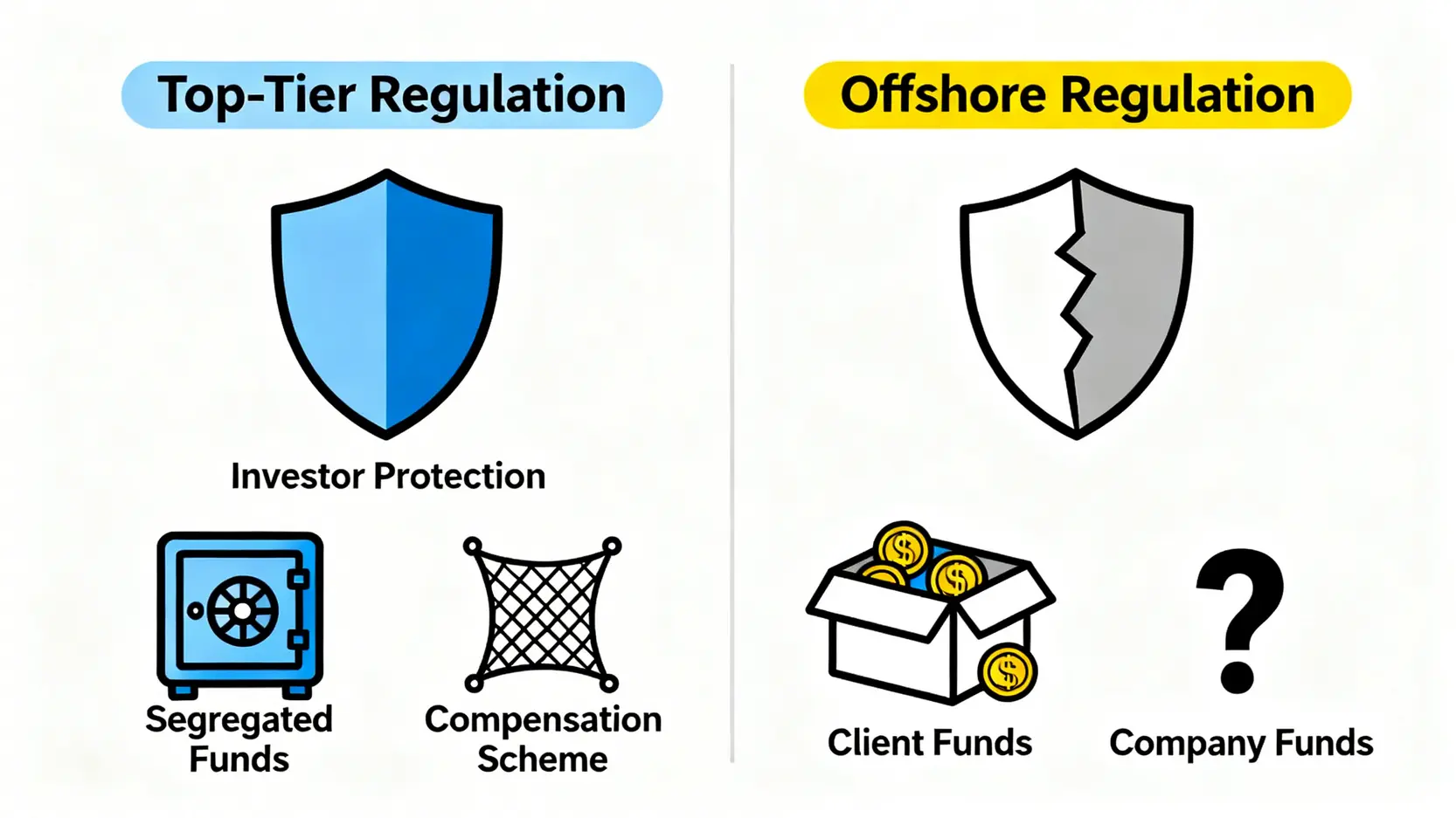 2025 金融投資平台風險揭秘:倫敦交易員警告—90%虧損源於你忽視的「隱藏成本」 4 對比圖,展示頂級金融監管與離岸監管在客戶資金保護和安全保障上的差異。