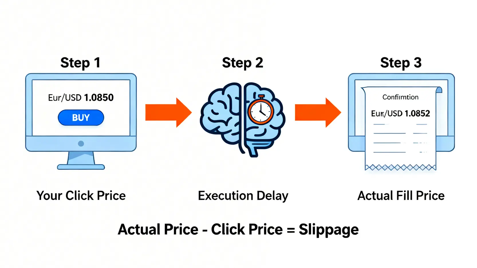 2026 金融投資平台風險評比:監管漏洞與隱藏成本全解析 4 交易滑點示意圖,解釋了從點擊下單價格到實際成交價格之間因市場波動而產生差異的過程。