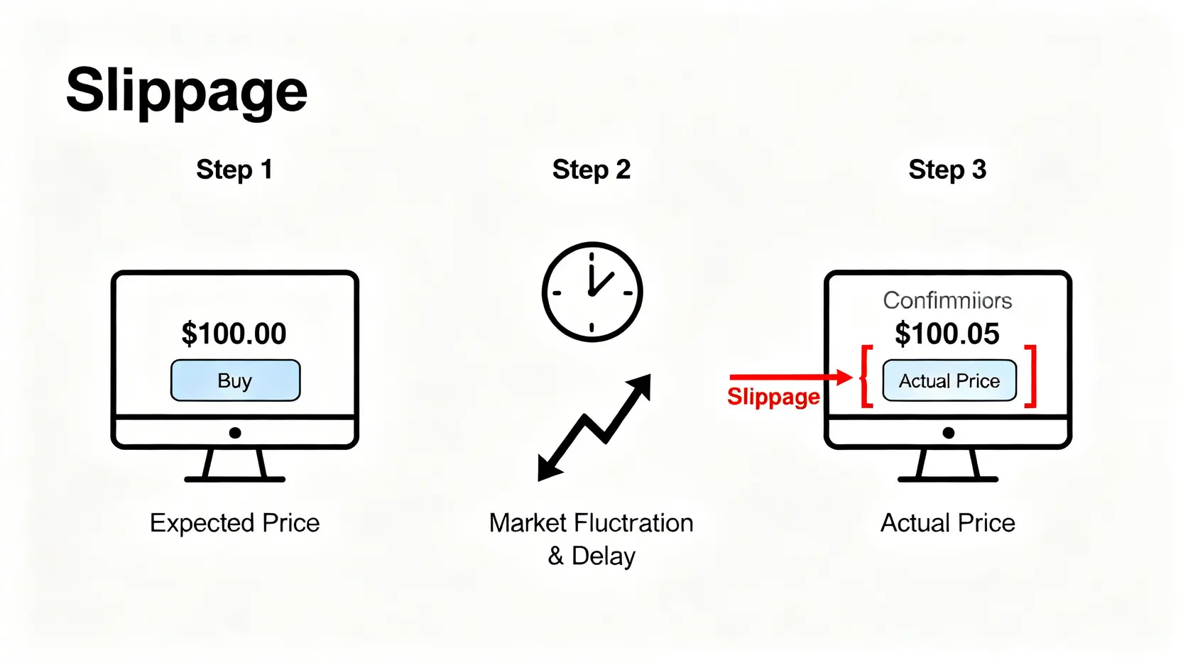 【2026投資風險預警】台灣主流券商隱藏成本分析:您不知道的滑點與隔夜利息 3 滑點概念示意圖,展示預期成交價與實際成交價之間的差異。