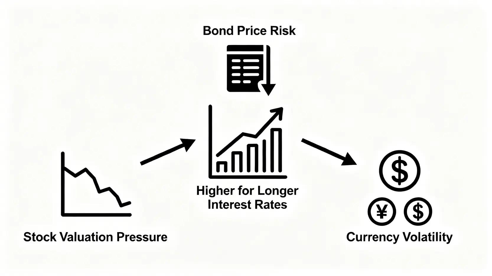【2026投資風險預警】台灣主流券商隱藏成本分析:您不知道的滑點與隔夜利息 4 高利率環境對股市、債市和匯率影響的概念圖。