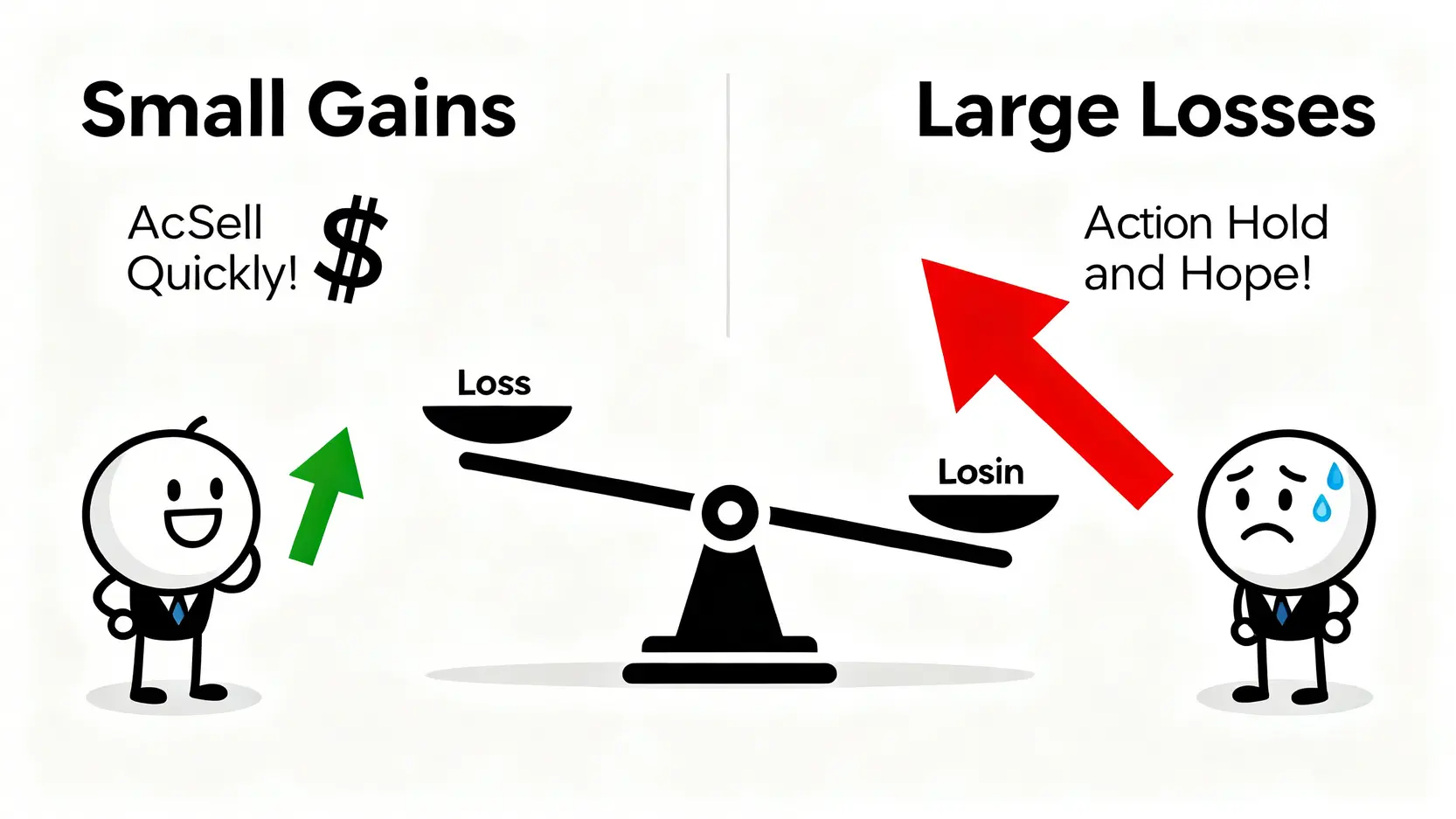 2026投資心理學:穿越市場噪音,掌握頂尖交易者的心智模型 3 損失規避心理偏誤示意圖,對比了投資者傾向於快速賣掉小幅獲利的股票,卻死扛大幅虧損的股票的兩種不同行為。