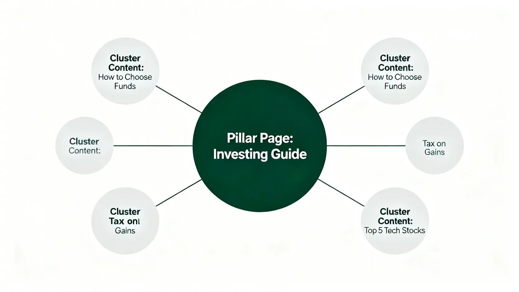 2026數位權威解碼:Google搜尋引擎新規則下的內容策略終極指南 3 主題知識庫模型示意圖,展示一個核心基石文章如何連結多篇集群文章。