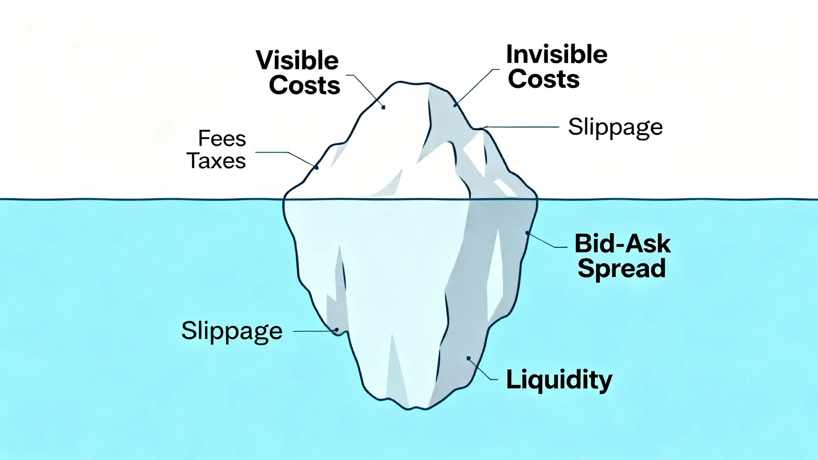 金融投資入門:2026年3種隱性成本如何影響你的第一筆交易 2 一張冰山圖,用來比喻投資中的顯性成本與隱性成本。水面上的小冰山代表手續費與稅,水面下巨大的冰山代表滑價、價差與流動性成本。