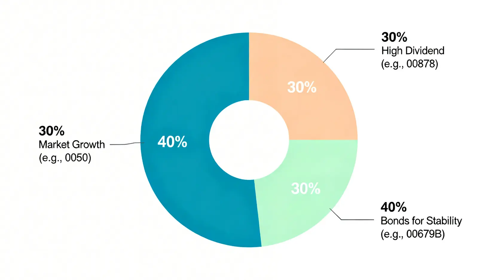 金融投資入門:2026年3種隱性成本如何影響你的第一筆交易 4 一個圓餅圖,展示了建議給新手的60/40投資組合配置比例:30%的0050、30%的00878,以及40%的00679B債券ETF。