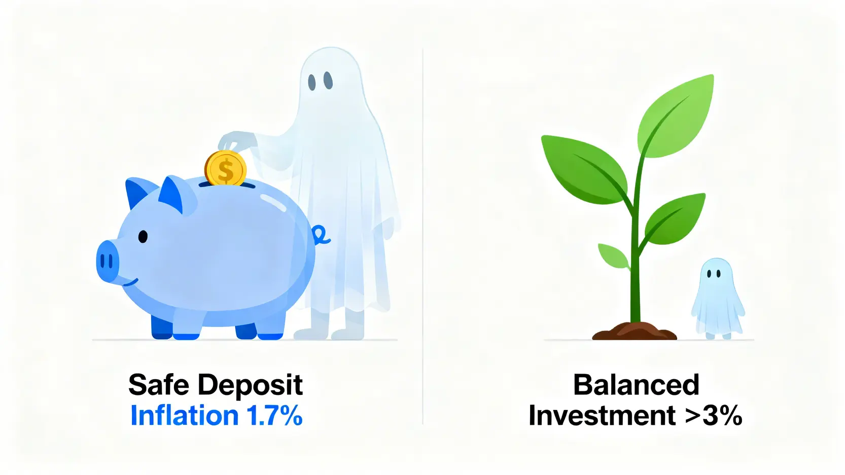【2026專家指南】新手投資入門:選錯理財產品,竟是最大風險?五大工具與隱藏成本全揭露 2 一張概念圖說明通膨如何侵蝕定存的實質購買力,而平衡投資則能超越通膨實現增長。