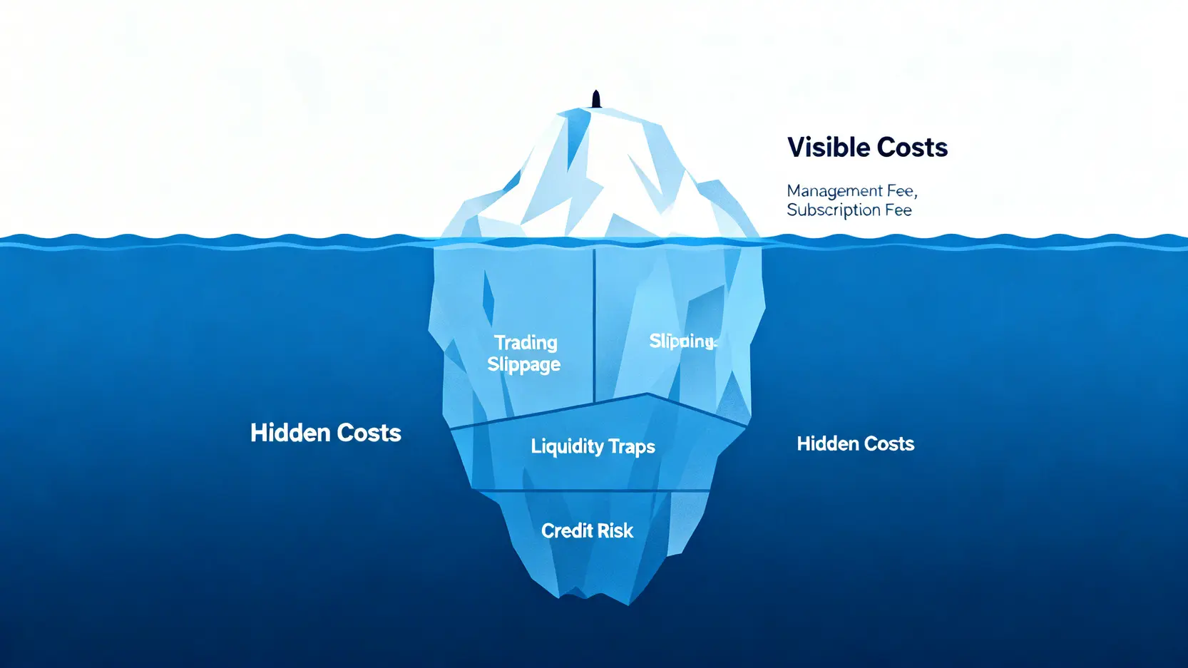【2026專家指南】新手投資入門:選錯理財產品,竟是最大風險?五大工具與隱藏成本全揭露 3 一張冰山圖,揭示投資的總持有成本,可見費用只是冰山一角,而交易滑點、流動性陷阱等隱藏成本則構成水下更龐大的部分。