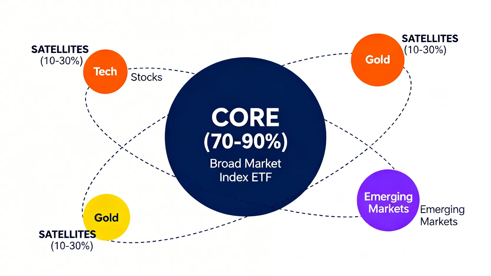 【2026專家指南】新手投資入門:選錯理財產品,竟是最大風險?五大工具與隱藏成本全揭露 4 核心-衛星資產配置策略示意圖,中心為穩健的核心資產,周圍環繞著較小比例的衛星資產以追求更高回報。