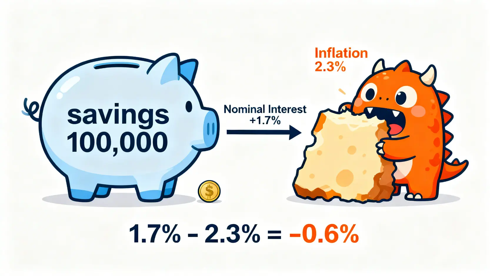 2026金融投資新手指南:10萬元如何配置?定存、基金、儲蓄險風險與回報率全解析 2 概念圖解說明實質利率,顯示通膨如何侵蝕定存利息,導致購買力下降。