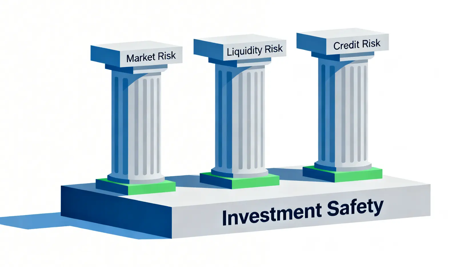 2026保本理財陷阱:銀行不想你懂的3大風險與決策指南 2 三維投資風險框架圖,顯示市場風險、流動性風險和信用風險是構成投資安全的三大支柱。