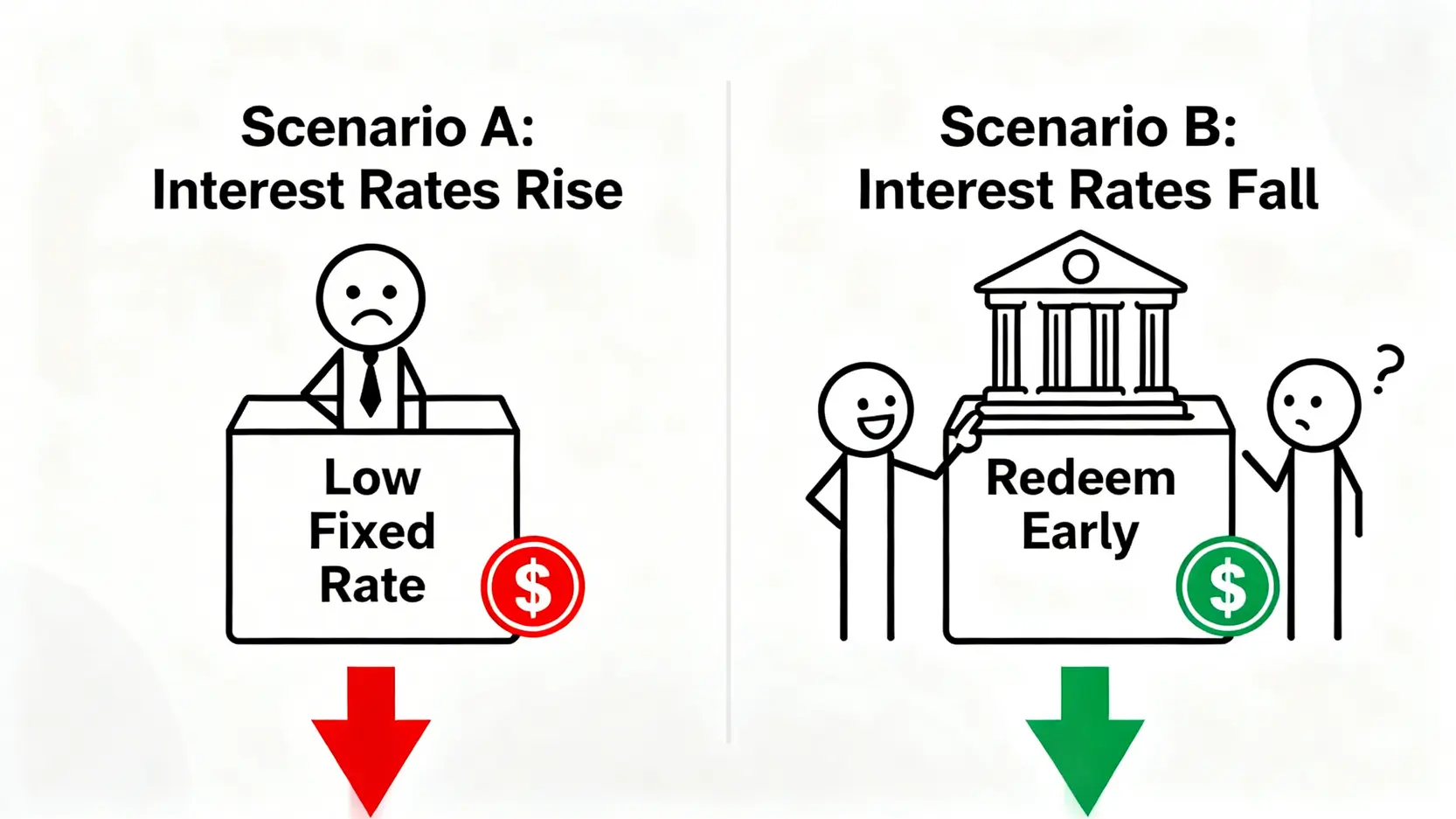 2026保本理財陷阱:銀行不想你懂的3大風險與決策指南 4 組合式商品FRC的不對等風險圖,解釋當利率上升時投資者被鎖定,利率下降時銀行則提前贖回。