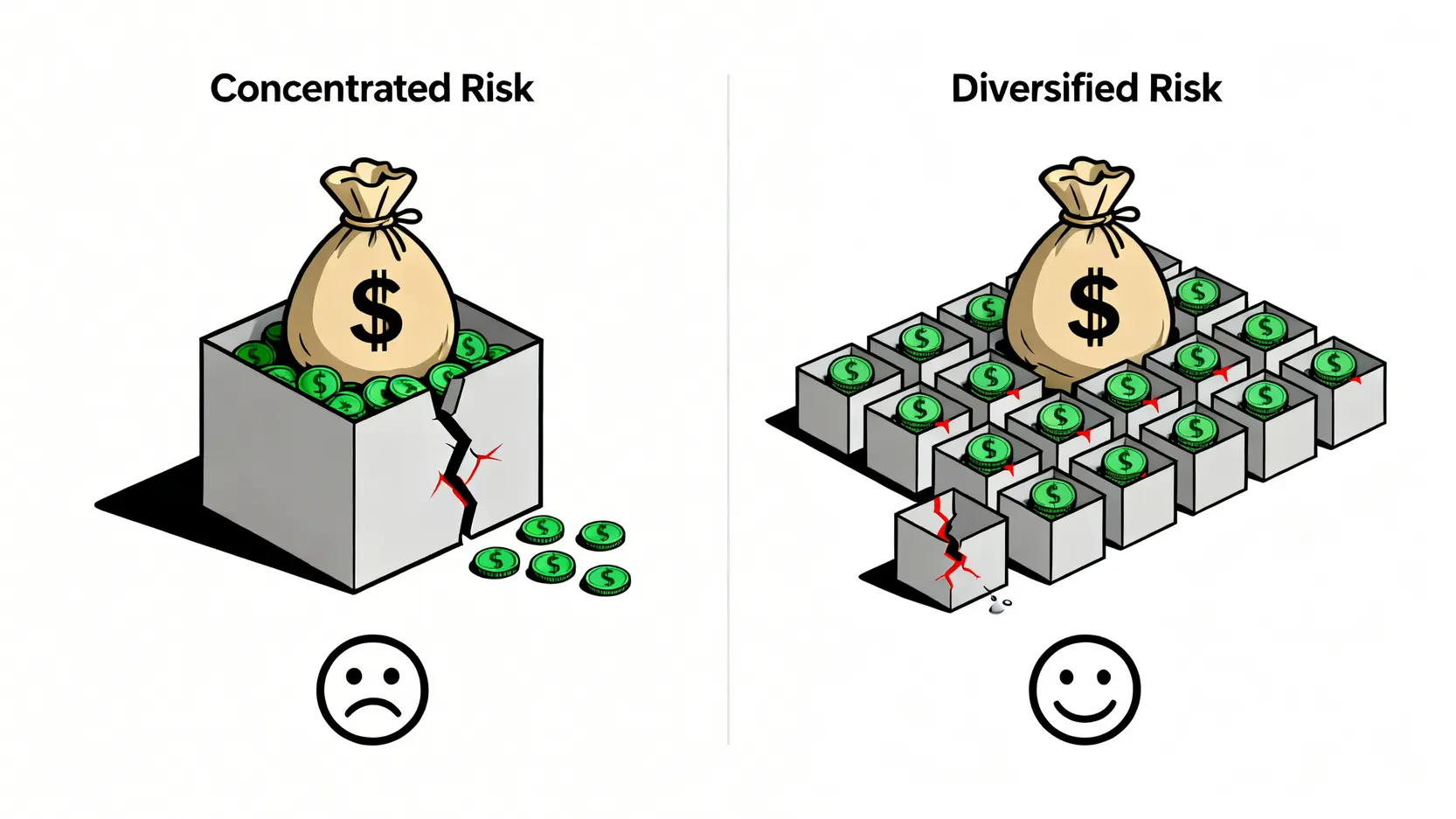2026年被動收入完整指南:專家實測10種建立多元現金流的實戰策略 4 一張對比圖,左邊顯示將所有資金投入單一項目導致巨大損失,右邊顯示將資金分散到多個項目,單一損失影響很小。