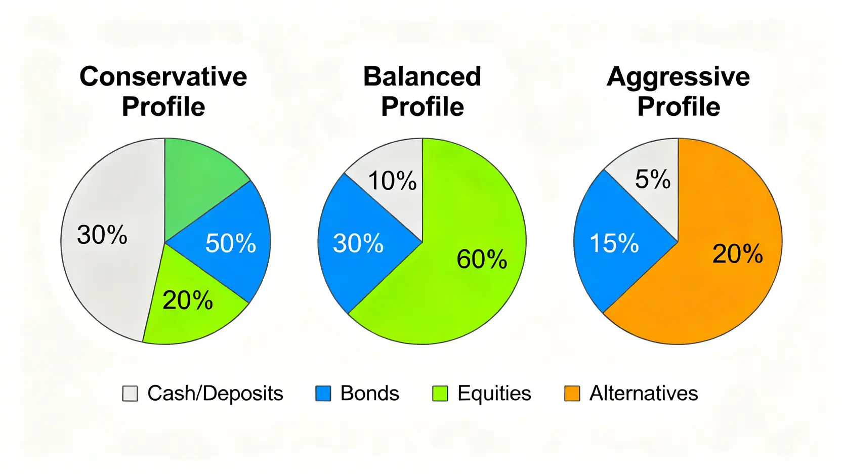2026投資理財指南:定存、基金、ETF 風險報酬全解析 4 三種投資組合範例的圓餅圖,分別展示保守型、穩健型與積極型投資人的資產配置比例。