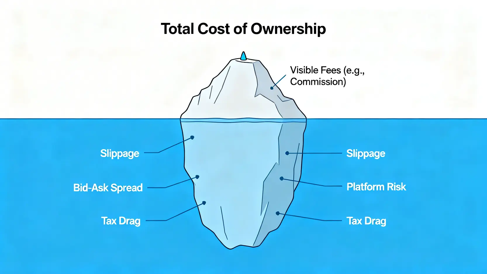 【2026專家指南】揭露投資隱藏成本:三大風險指標,保護你的資產不被侵蝕 2 總持有成本(TCO)概念的冰山圖,可見的手續費只是冰山一角,水面下隱藏著滑點、買賣價差等更大的隱形成本。