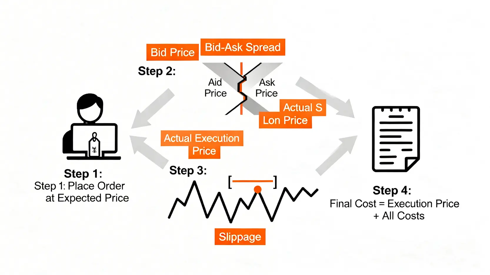 【2026專家指南】揭露投資隱藏成本:三大風險指標,保護你的資產不被侵蝕 3 一張解釋交易摩擦成本的流程圖,展示了從下單到最終成交過程中,買賣價差和滑點如何產生。
