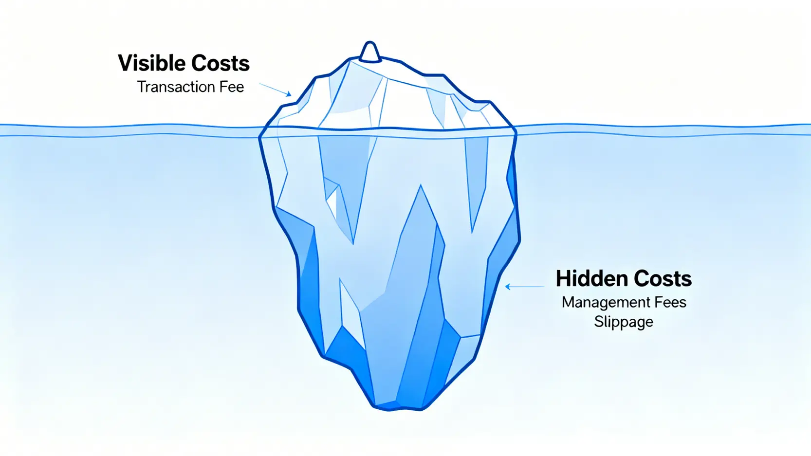 2026投資總成本分析:專家警告,90%虧損源於基金內扣費與比特幣滑點,而非市場 2 投資成本冰山圖,顯示可見的手續費只是冰山一角,而水面下的內扣費用和滑點等隱藏成本才是主體。
