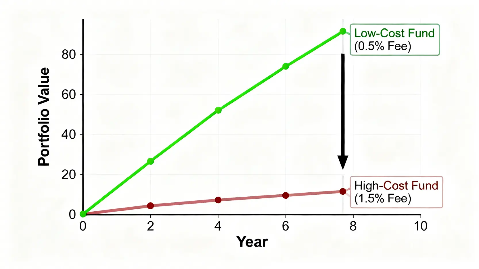 2026投資總成本分析:專家警告,90%虧損源於基金內扣費與比特幣滑點,而非市場 3 高低內扣費用基金十年後的回報對比圖,顯示低費用基金的資產價值明顯高於高費用基金。