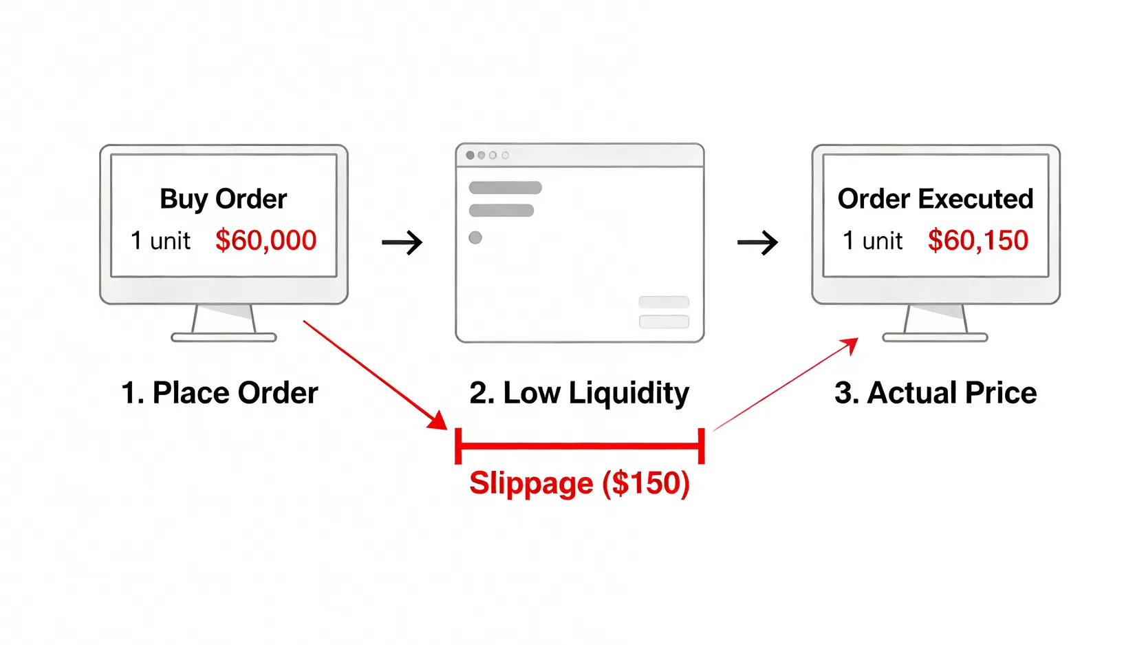 2026投資總成本分析:專家警告,90%虧損源於基金內扣費與比特幣滑點,而非市場 4 加密貨幣交易滑點示意圖,解釋了預期成交價與實際成交價之間的差異是如何產生的。