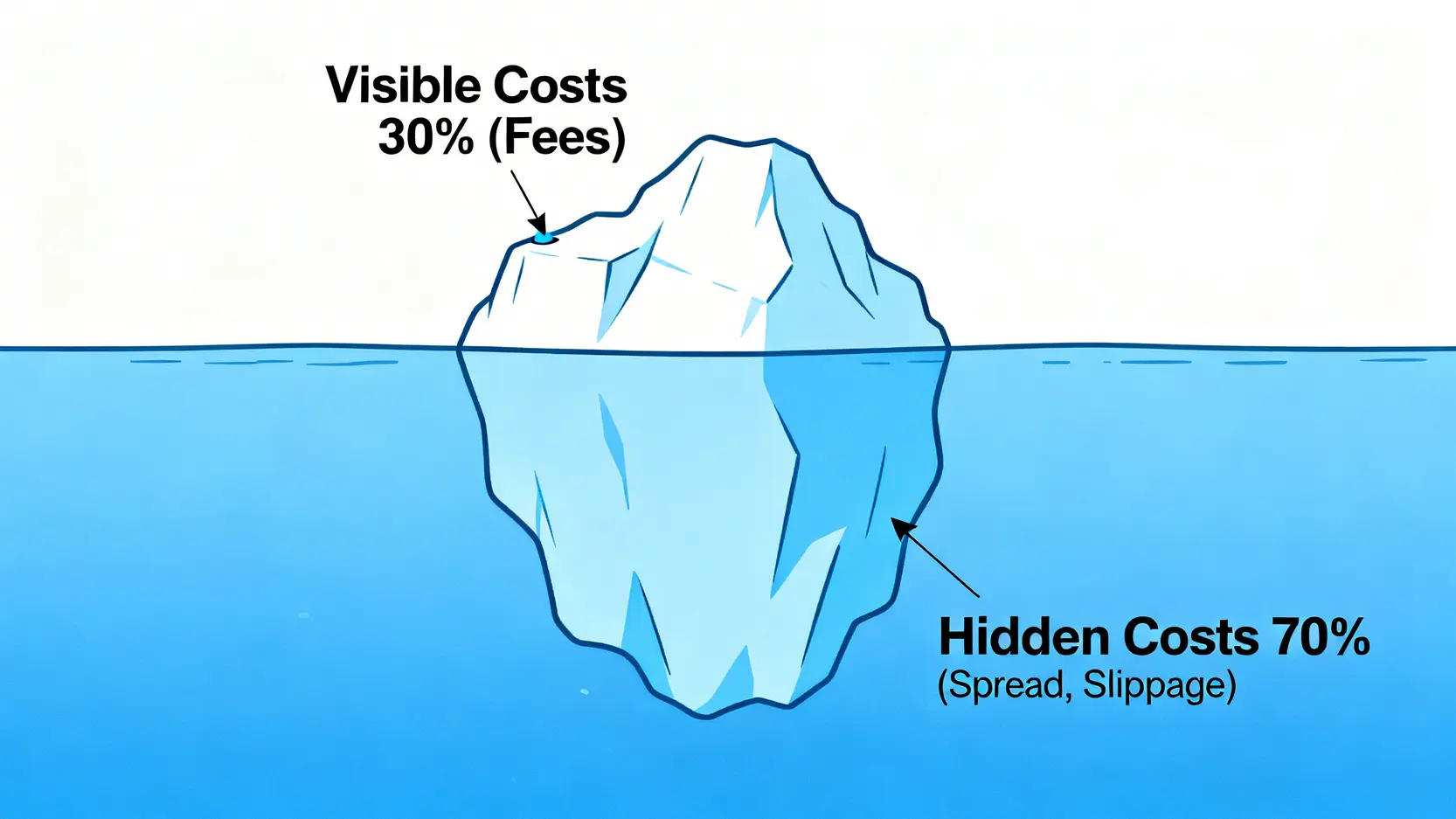 2026基金投資照妖鏡:揭開銀行不說的『隱性成本』,你付的費用可能比想的多70%! 2 一張冰山圖,顯示投資基金的成本結構。水面上的冰山一角標示為30%的顯性費用,而水面下巨大的冰山主體則標示為70%的隱性成本,如價差和滑點。