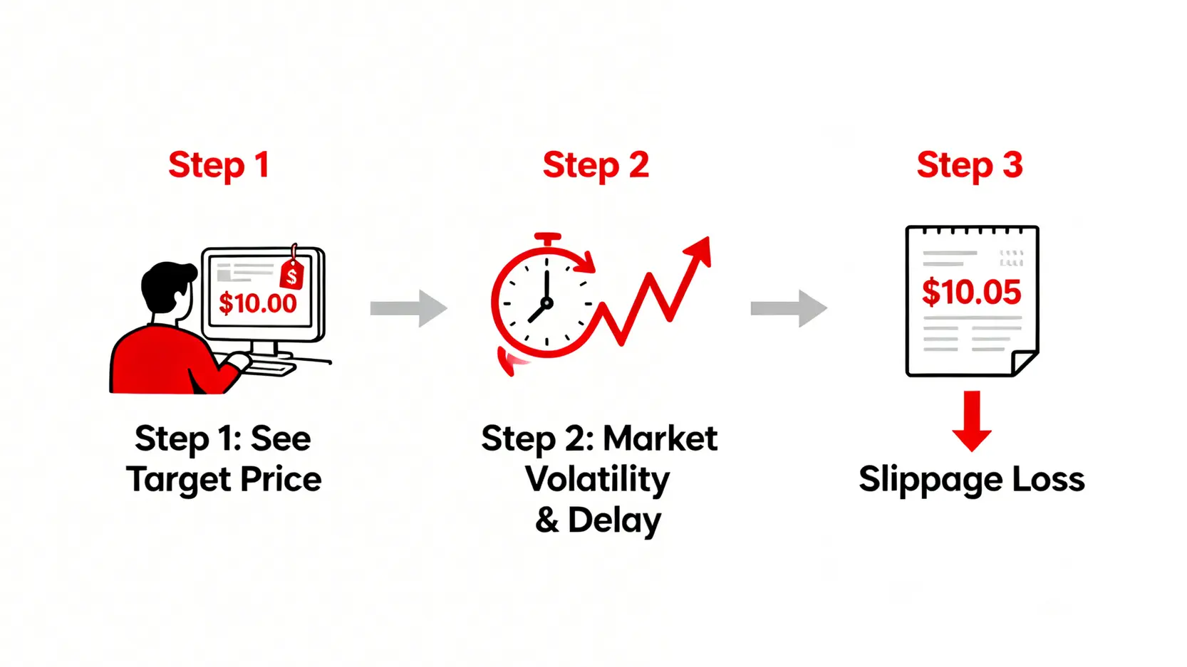 2026基金投資照妖鏡:揭開銀行不說的『隱性成本』,你付的費用可能比想的多70%! 3 一張解釋金融滑點的流程圖。第一步,投資者看到目標價格10.00元。第二步,因市場波動和延遲。第三步,實際成交價變為10.05元,產生了滑點損失。