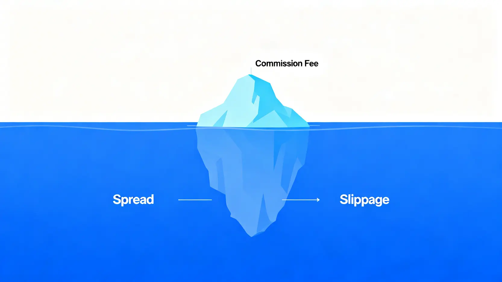 2026投資指南:避開90%新手虧損陷阱的量化風險決策模型 2 綜合交易成本的冰山模型圖,顯示手續費只是可見的小部分,而價差和滑點是巨大的隱藏成本。