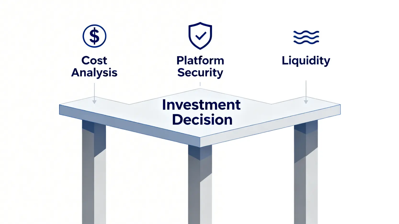 2026投資指南:避開90%新手虧損陷阱的量化風險決策模型 3 評估投資平台的三大支柱示意圖:成本分析、平台安全性與流動性深度。