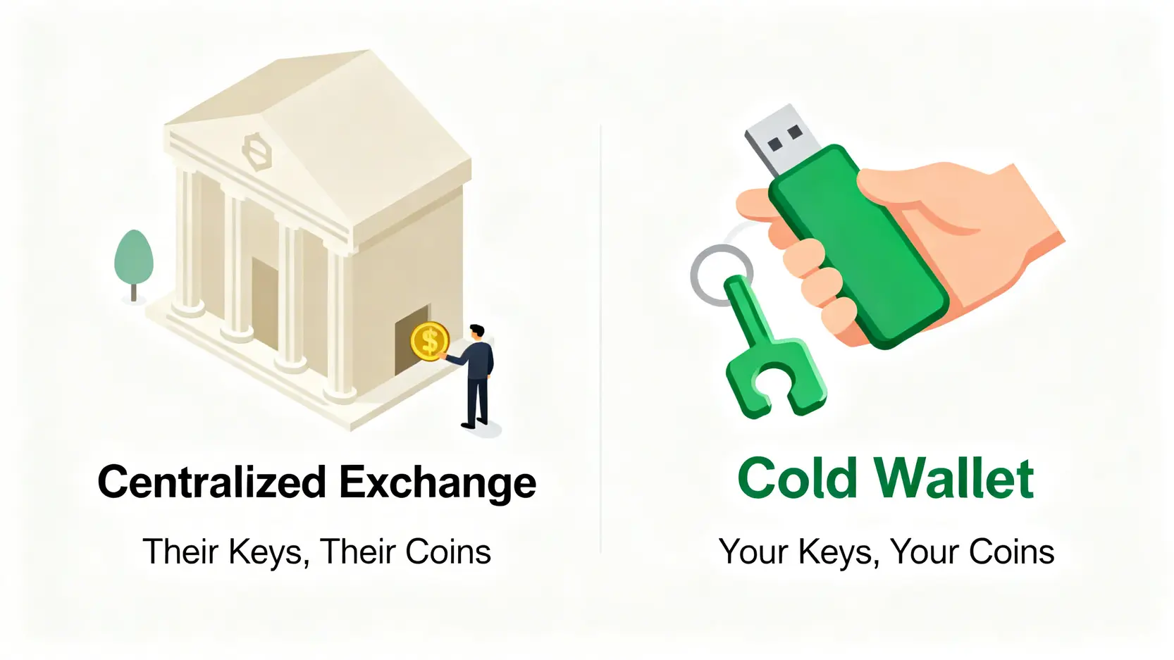 2026投資指南:避開90%新手虧損陷阱的量化風險決策模型 4 中心化交易所與冷錢包的資產所有權對比圖,強調私鑰的重要性。