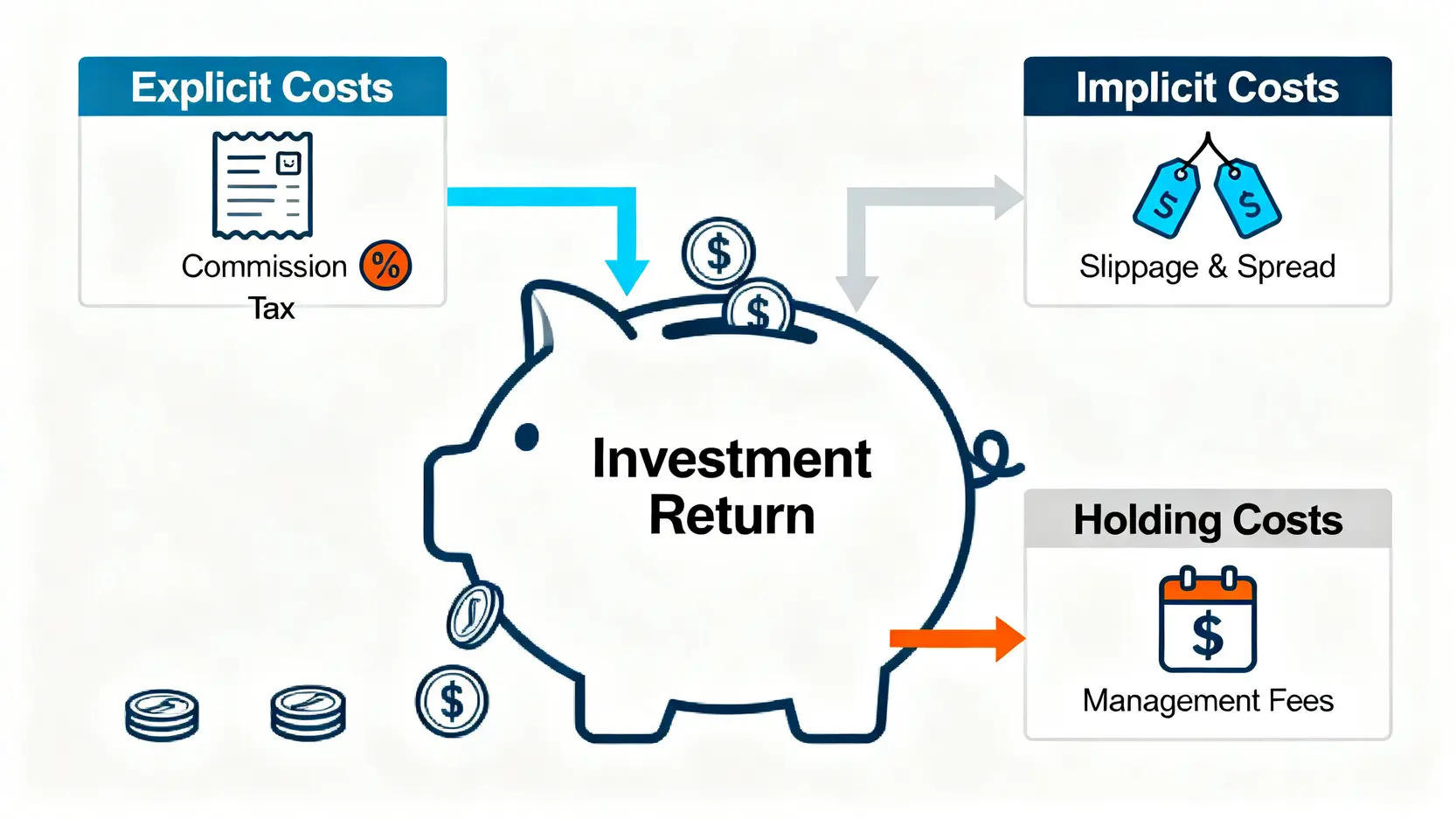 2026台灣股票開戶終極指南:5大券商手續費與隱藏成本深度解析 2 交易成本結構示意圖,顯示總投資回報如何被明確成本、隱含成本與持有成本所消耗。