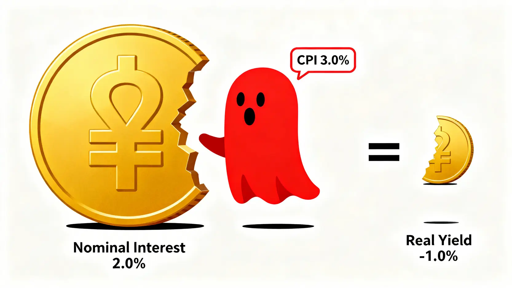 白銀投資者必讀的現金策略:2026年大額定存如何實現資產的『負風險增長』? 2 真實收益率概念圖,顯示名目利率被通貨膨脹率侵蝕後,實際購買力下降的過程。