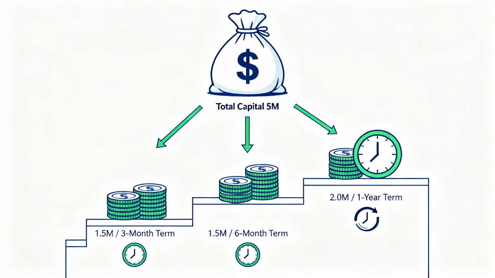 白銀投資者必讀的現金策略:2026年大額定存如何實現資產的『負風險增長』? 3 階梯式定存策略示意圖,將一筆總資金分為三筆不同期限的存款,以兼顧利率與流動性。