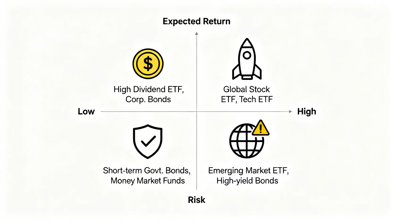 【2026深度解析】基金投資的隱藏成本:為何「總持有成本」而非手續費,才是決定你未來十年回報的關鍵? 4 新手投資組合風險收益四象限矩陣圖,橫軸為風險,縱軸為預期回報,各象限中列舉了對應的投資標的類型,如高股息ETF、全球股票ETF等。