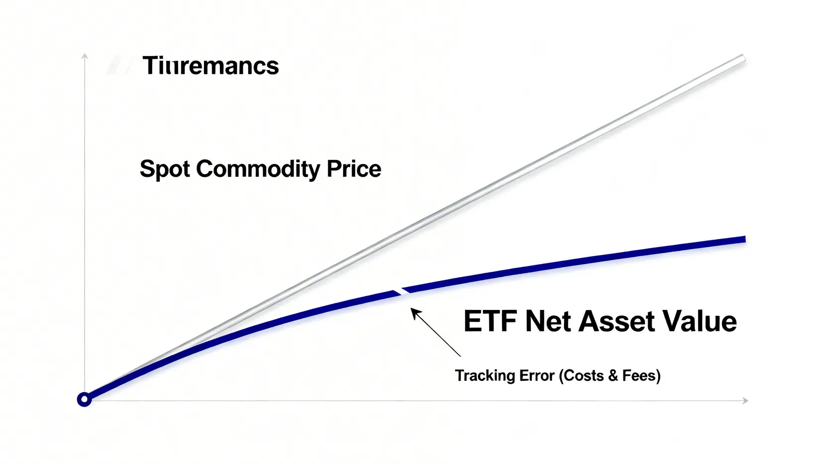 2026白銀投資終極指南:專家揭示90%散戶從未注意的三大隱藏成本 2 一張概念圖表,顯示ETF的淨值表現因追蹤誤差而持續落後於大宗商品現貨價格。
