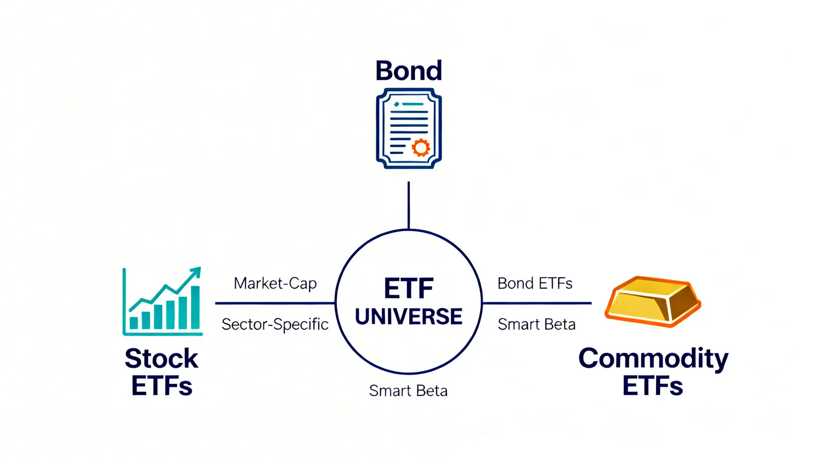ETF是什麼?2026新手投資ETF入門指南|從0到1搞懂指數股票型基金 3 一張樹狀圖,展示了ETF的多元宇宙,中心是ETF,分支出股票型、債券型、商品型等主要類別。