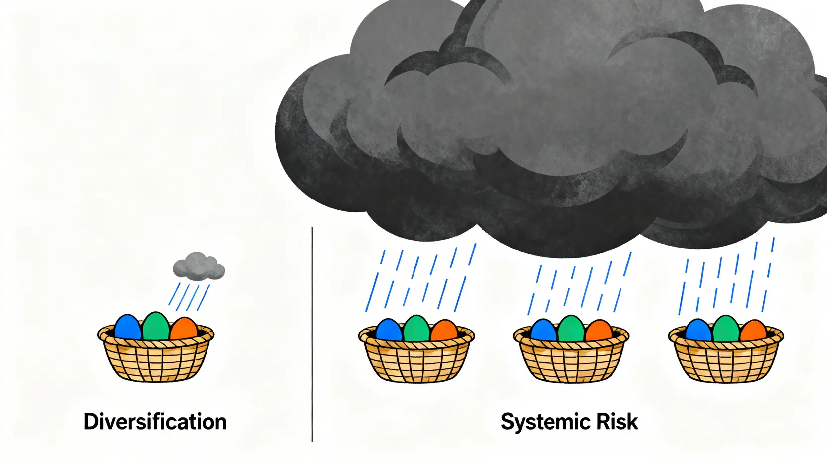 金融投資風險管理:識別、規避與壓力測試的2026年實戰框架 2 傳統分散投資與系統性風險的對比圖,顯示系統性風險會同時影響所有資產。