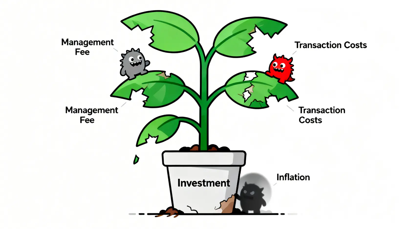 金融投資風險管理:識別、規避與壓力測試的2026年實戰框架 3 投資成本侵蝕示意圖,顯示管理費、交易成本和通膨如怪獸般蠶食投資回報。