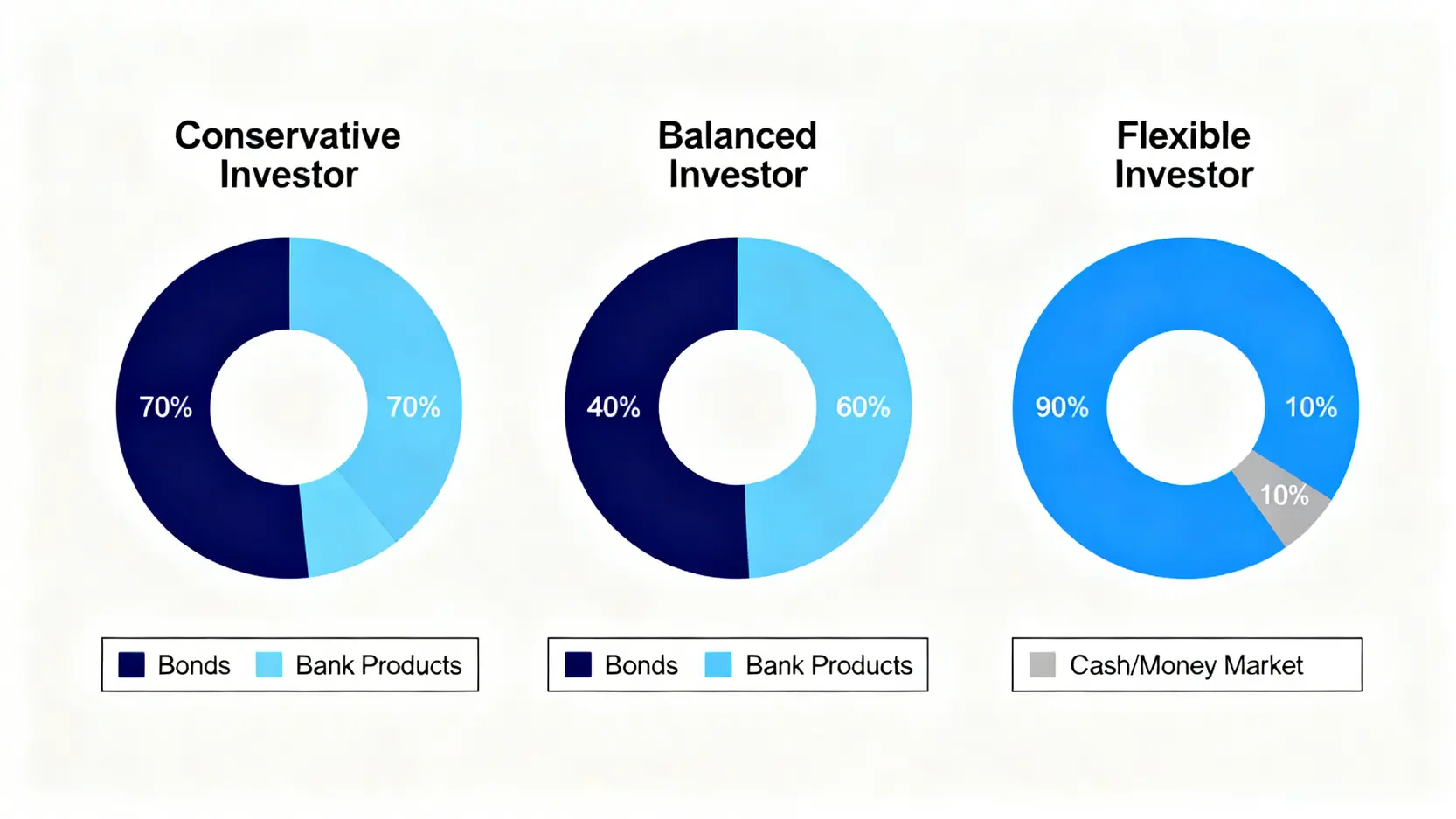 【2026安全性深度拆解】國債 vs 銀行理財:資深銀行家揭示5大隱藏風險與選擇框架 4 三種不同投資者類型的資產配置建議餅圖:保守型、穩健型和靈活型,顯示國債和銀行理財的建議比例。
