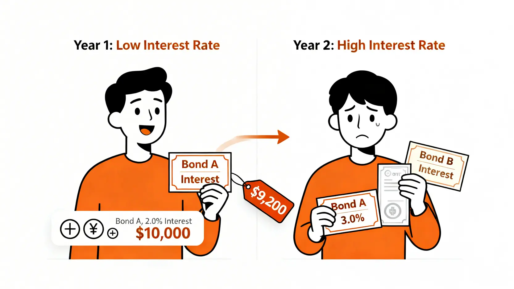 國債 vs 銀行理財 (2026) 哪個更安全?專家拆解5大隱藏風險 2 利率上升導致舊國債市場價值下降的示意圖