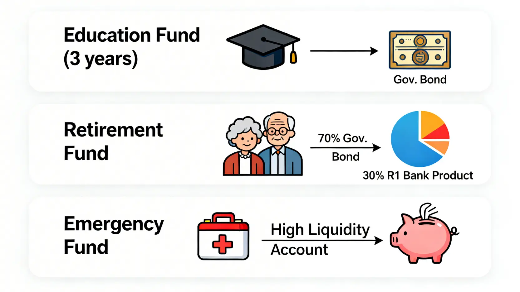 國債 vs 銀行理財 (2026) 哪個更安全?專家拆解5大隱藏風險 3 三種家庭資金(教育金、養老金、緊急備用金)的理財配置建議圖