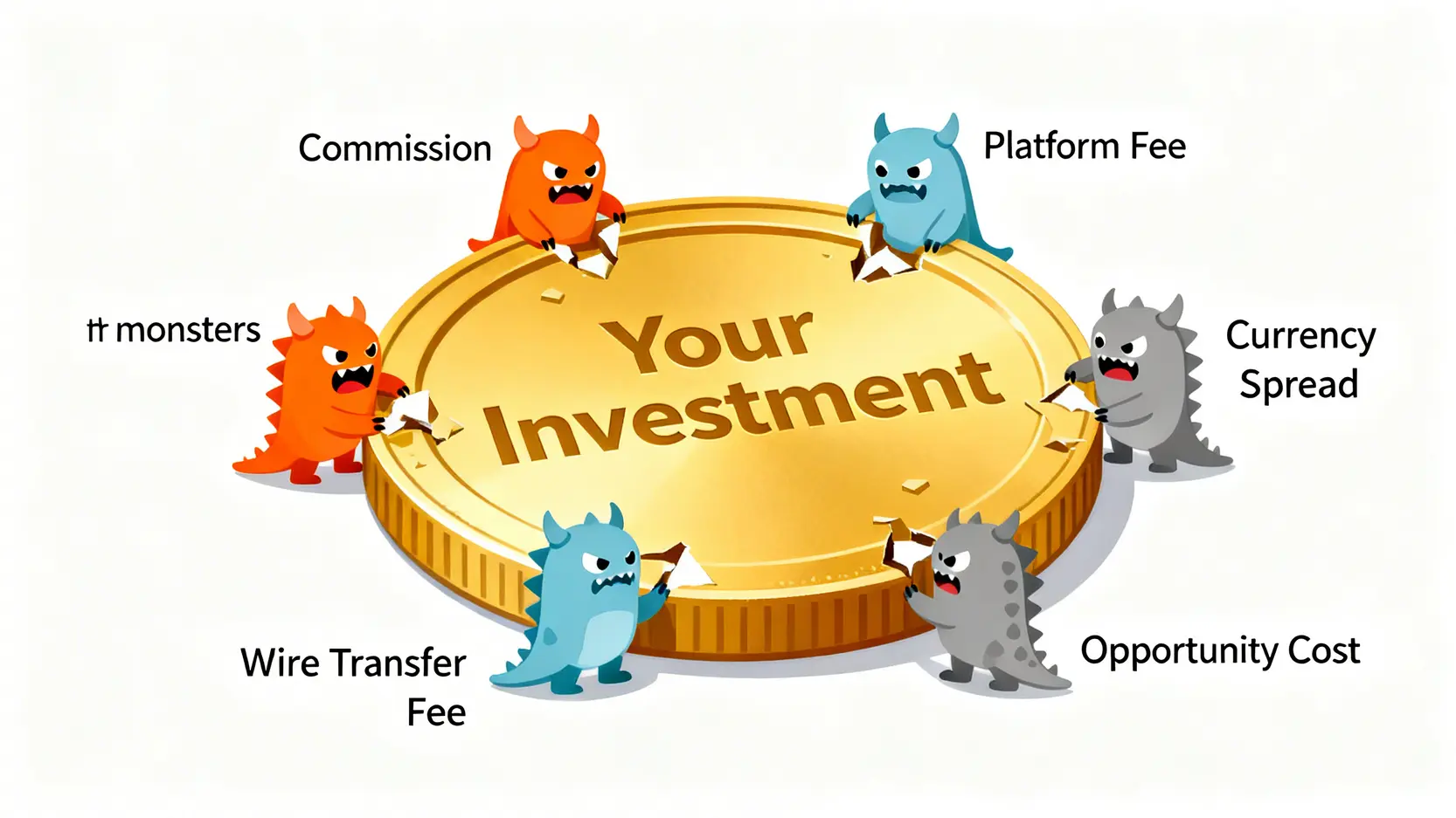 2026海外投資合規渠道深度解析:成本、稅務與風險精算指南 2 一個圖解,展示了海外投資的總持有成本,一個金幣被五個分別標有佣金、平台費、換匯價差、電匯費和機會成本的小怪物蠶食。