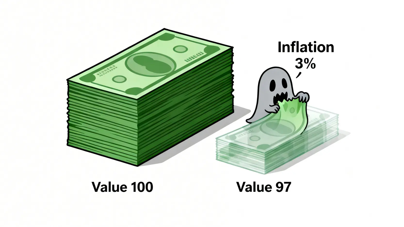 631理財法在2026年還有效嗎?專家教你避開3大陷阱的動態薪資配置實戰 3 通膨侵蝕購買力示意圖,一個標示為3%通膨的怪獸正在吃掉一疊錢,使其價值從100元變為97元。