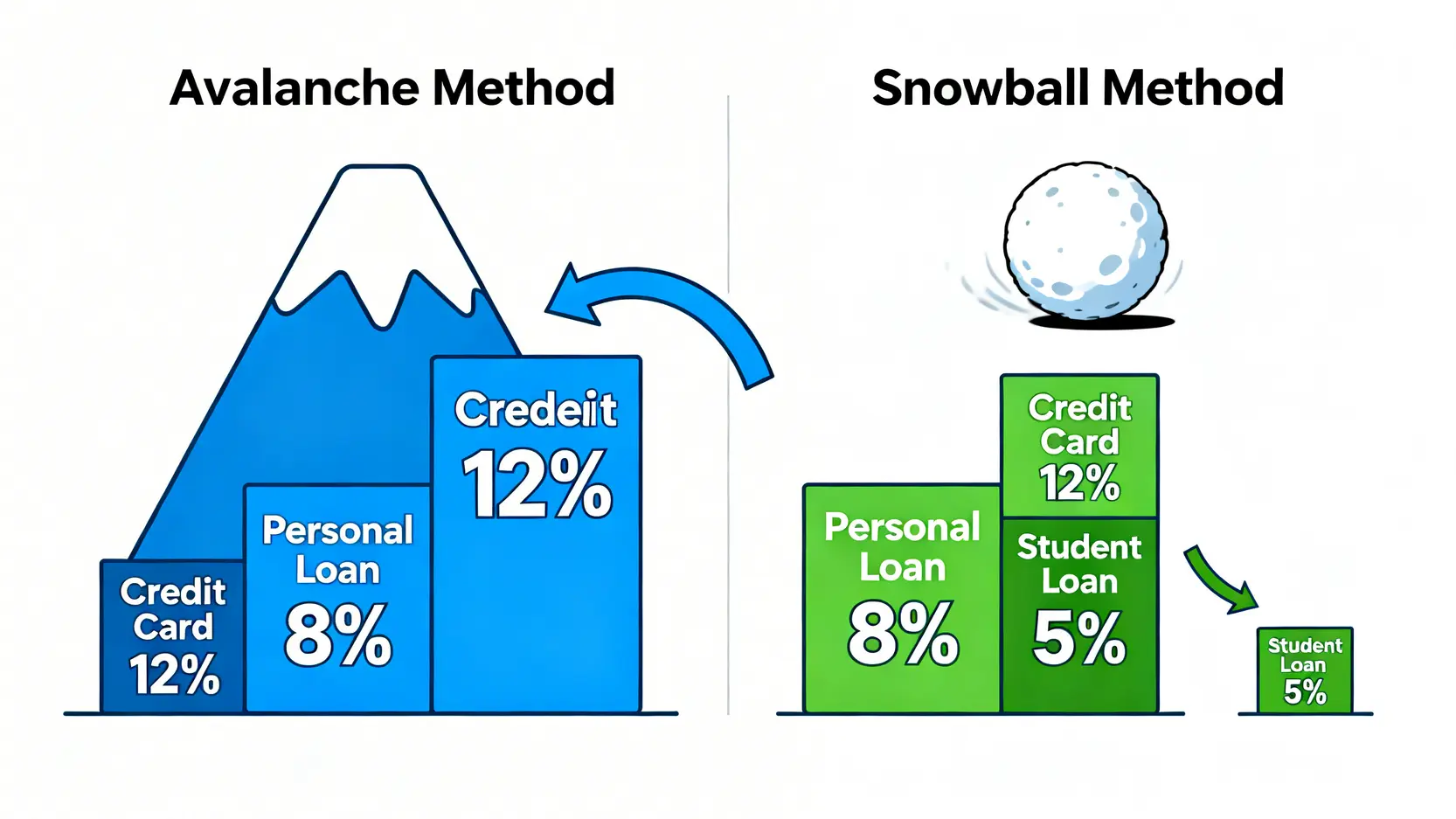 631理財法在2026年還有效嗎?專家教你避開3大陷阱的動態薪資配置實戰 4 債務雪崩法與雪球法對比圖,雪崩法優先償還利率最高的債務,雪球法優先償還金額最小的債務。