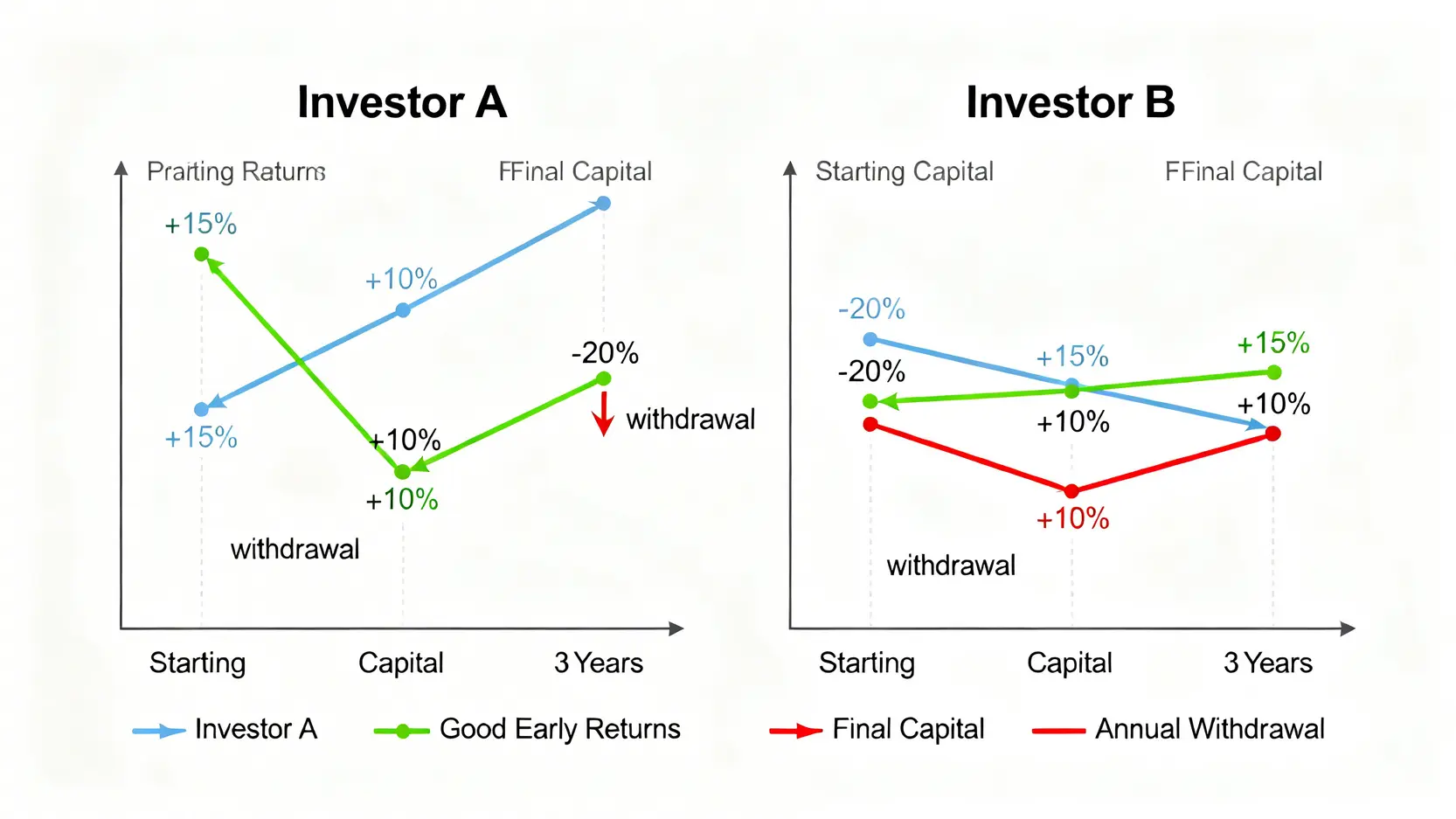 40歲理財的『反脆弱』戰略:避開 3 大財務黑洞,打造 2026 年絕對防禦計畫 2 一張比較圖,解釋報酬順序風險。圖中顯示兩位投資者因退休初期回報順序不同,導致最終資產出現巨大差異。