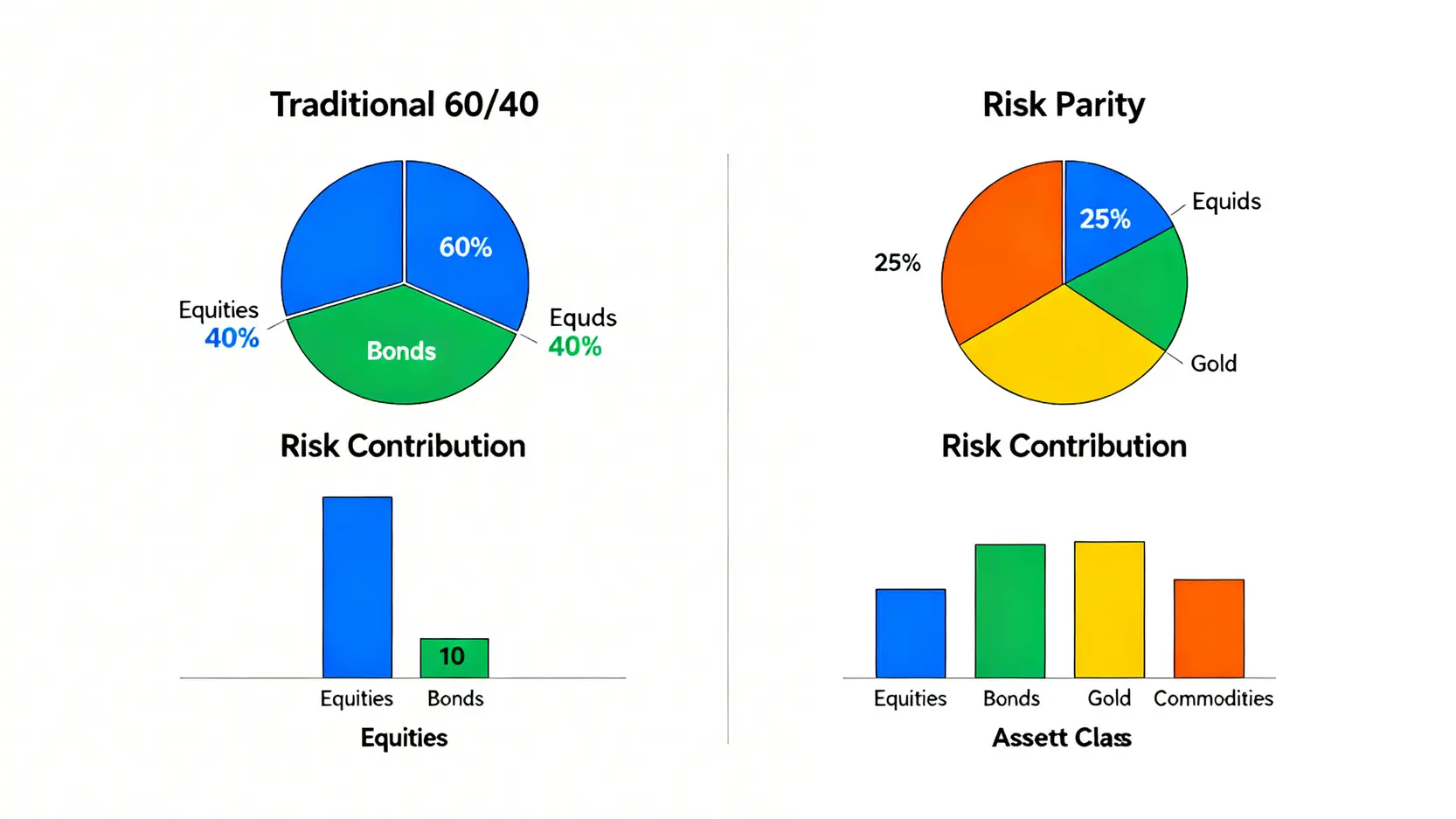 40歲理財的『反脆弱』戰略:避開 3 大財務黑洞,打造 2026 年絕對防禦計畫 3 一張比較圖,對比傳統的60/40股債配置與風險平價策略在資金分配和風險貢獻上的差異。