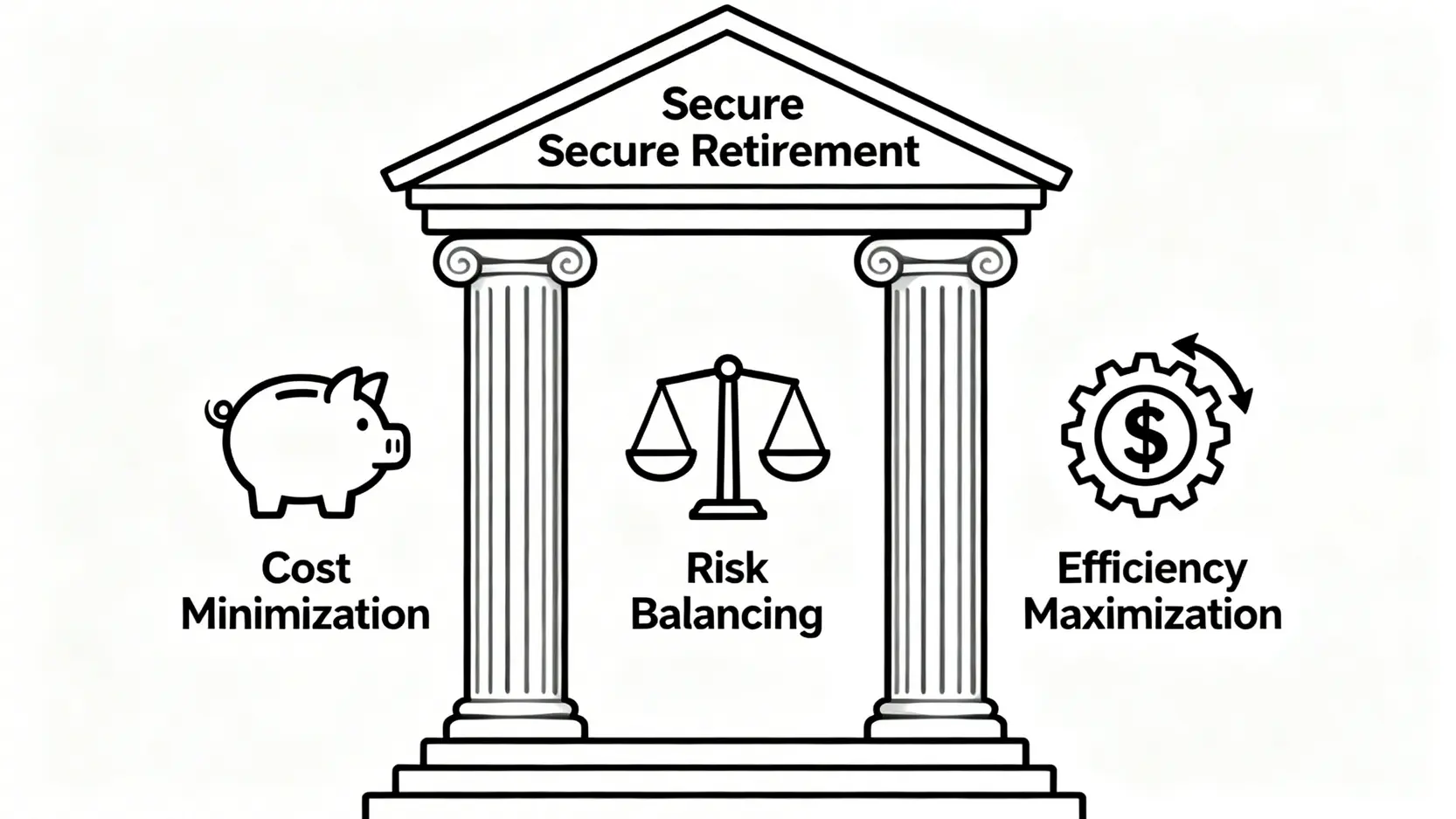 40歲理財的『反脆弱』戰略:避開 3 大財務黑洞,打造 2026 年絕對防禦計畫 4 一張示意圖,展示反脆弱退休計畫的三大支柱:成本最小化、風險均衡化、與效率最大化。