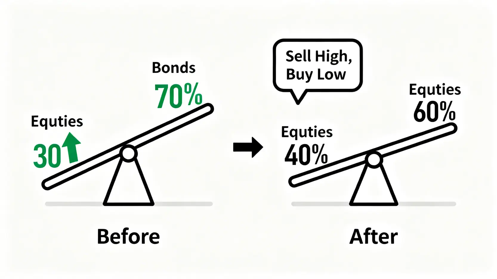 10萬如何理財?2026年三大投資組合成本與風險評測 3 資產配置再平衡流程圖,展示如何賣出上漲的股票、買入債券,使投資組合回到預設的60/40比例。
